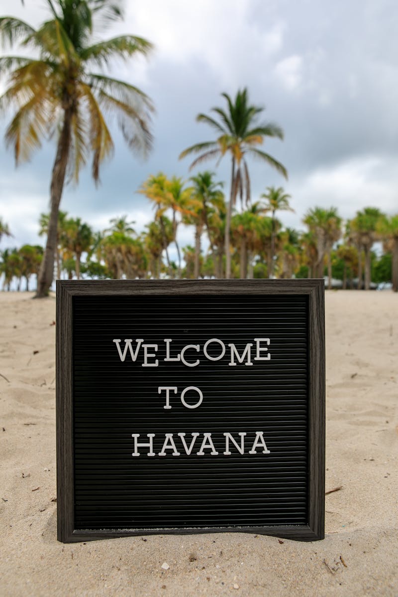 Un panneau « Bienvenue à La Havane » posé sur une plage de sable bordée de palmiers sous un ciel nuageux.
